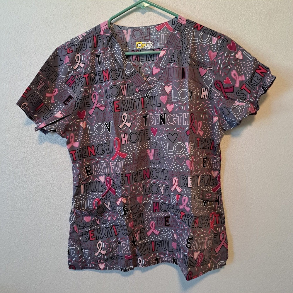 WonderFlex WonderWink Breast Cancer Awareness Scrub Top Grey Pink M V-Neck